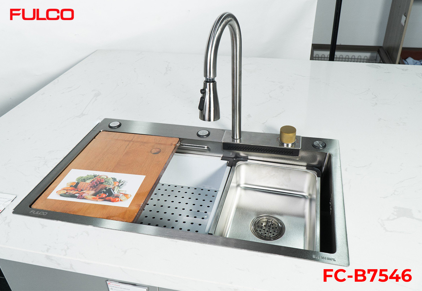 FC-B7546 | BỘ CHẬU VÒI RỬA 1 HỐ THÁC NƯỚC INOX304 XƯỚC MỜ CAO CẤP