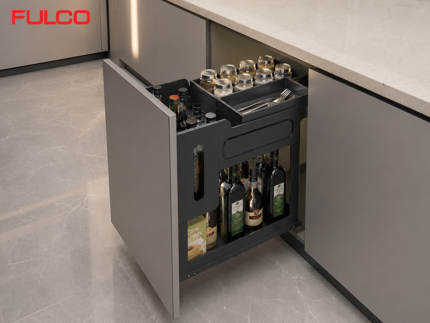 Phụ kiện tủ bếp th&ocirc;ng minh Fulco - gi&aacute; gia vị k&eacute;o &acirc;m tủ 