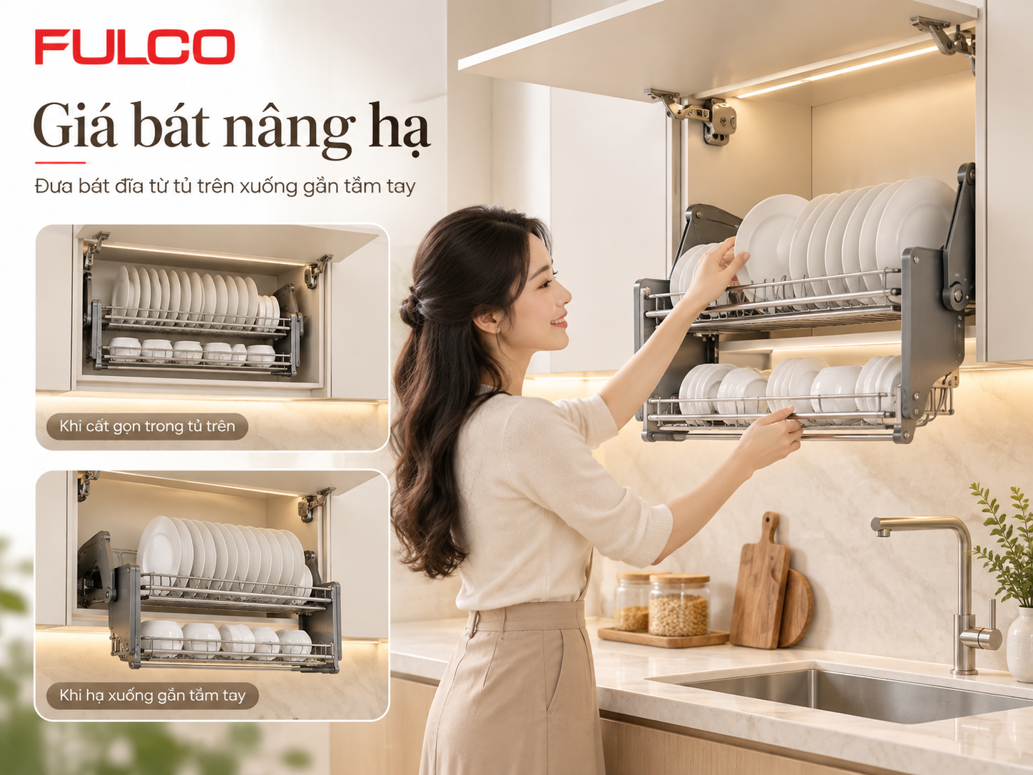 Chiều cao lắp phụ kiện tủ bếp - gi&aacute; b&aacute;t n&acirc;ng hạ