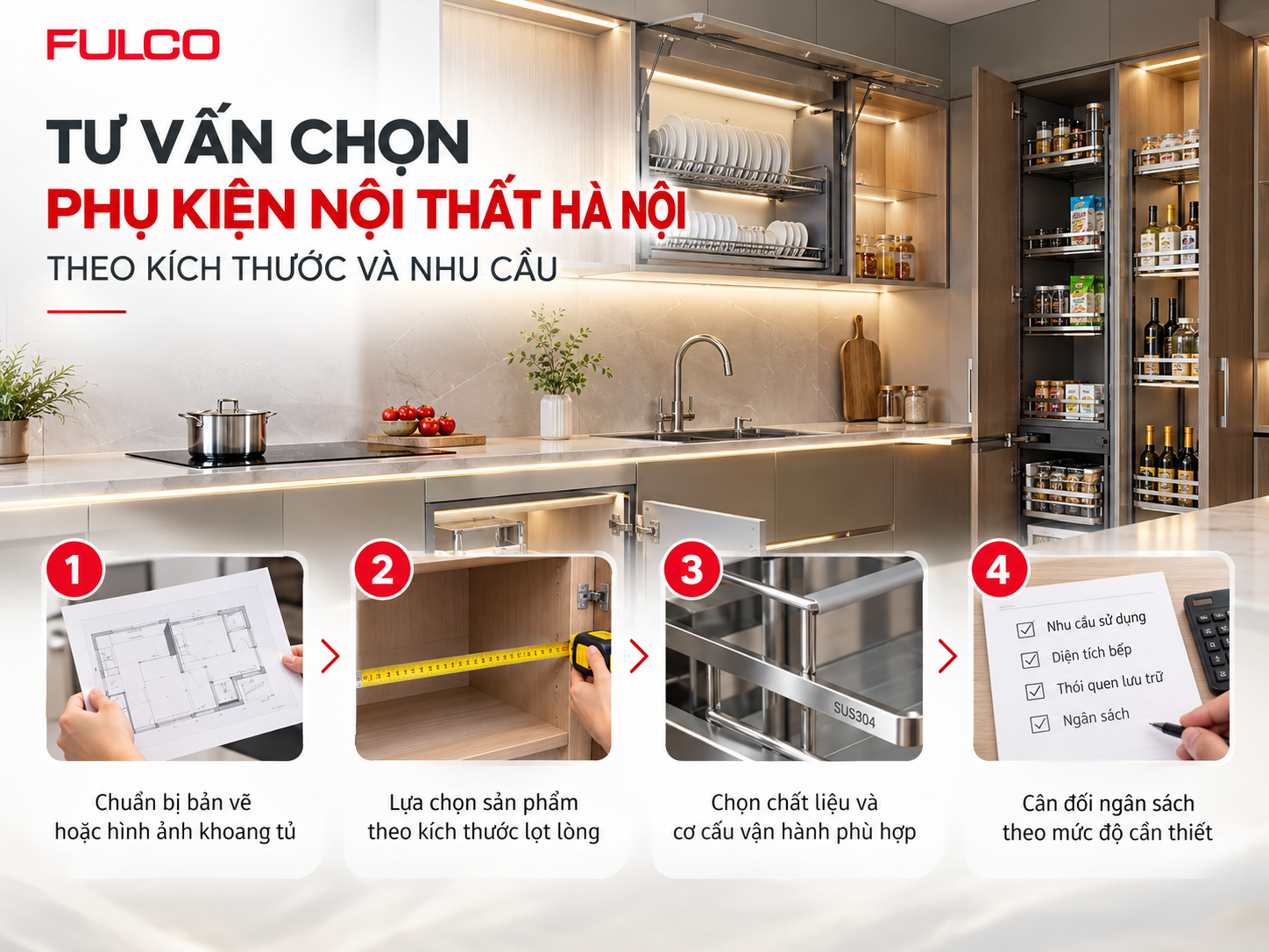 Tư vấn chọn phụ kiện nội thất H&agrave; Nội FULCO theo k&iacute;ch thước lọt l&ograve;ng, chất liệu, cơ cấu vận h&agrave;nh v&agrave; ng&acirc;n s&aacute;ch.