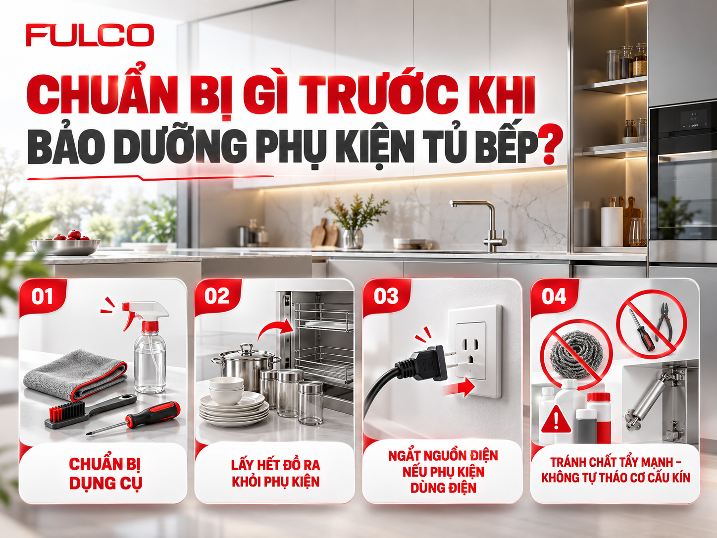 Những điều cần chuẩn bị trước khi bảo dưỡng phụ kiện tủ bếp