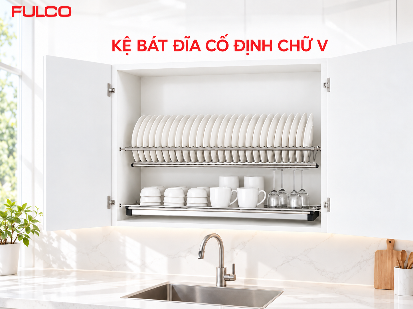 Phụ kiện nội thất FULCO &ndash; Gi&aacute; b&aacute;t đĩa cố định chữ V inox trong tủ bếp