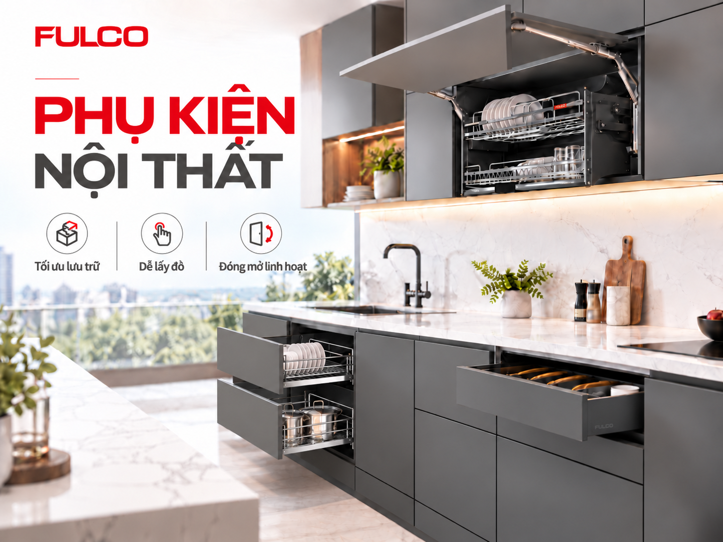 Phụ kiện nội thất th&ocirc;ng minh FULCO trong căn bếp hiện đại. 