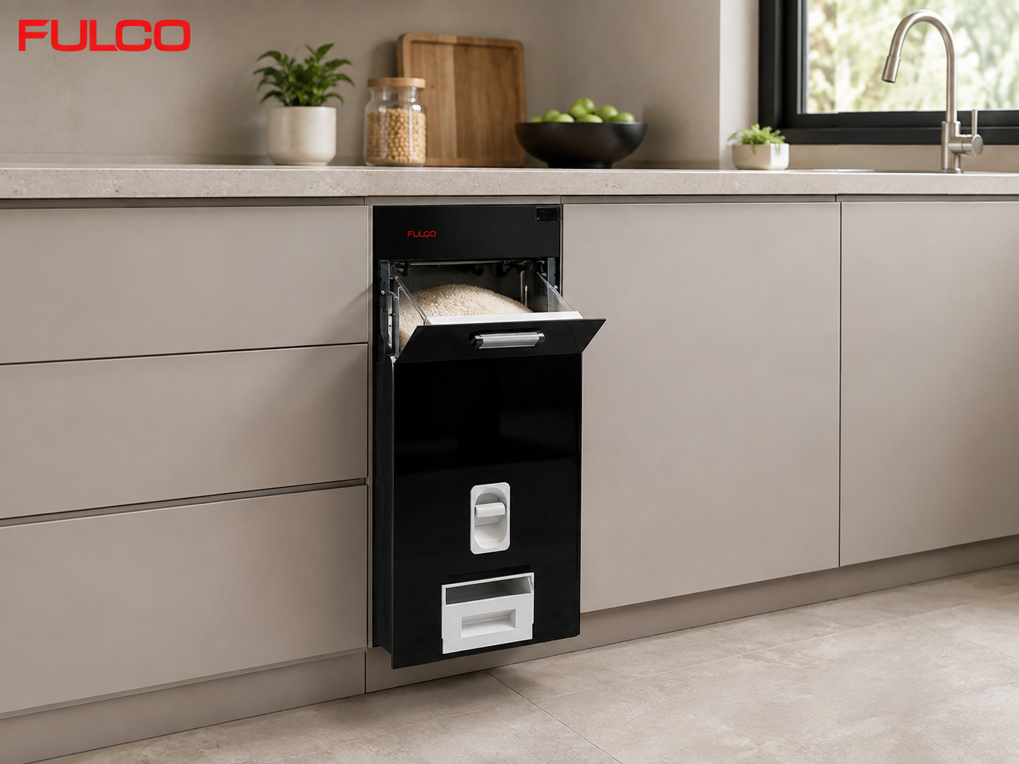 Phụ kiện tủ bếp th&ocirc;ng minh Fulco - th&ugrave;ng gạo &acirc;m tủ mặt k&iacute;nh 