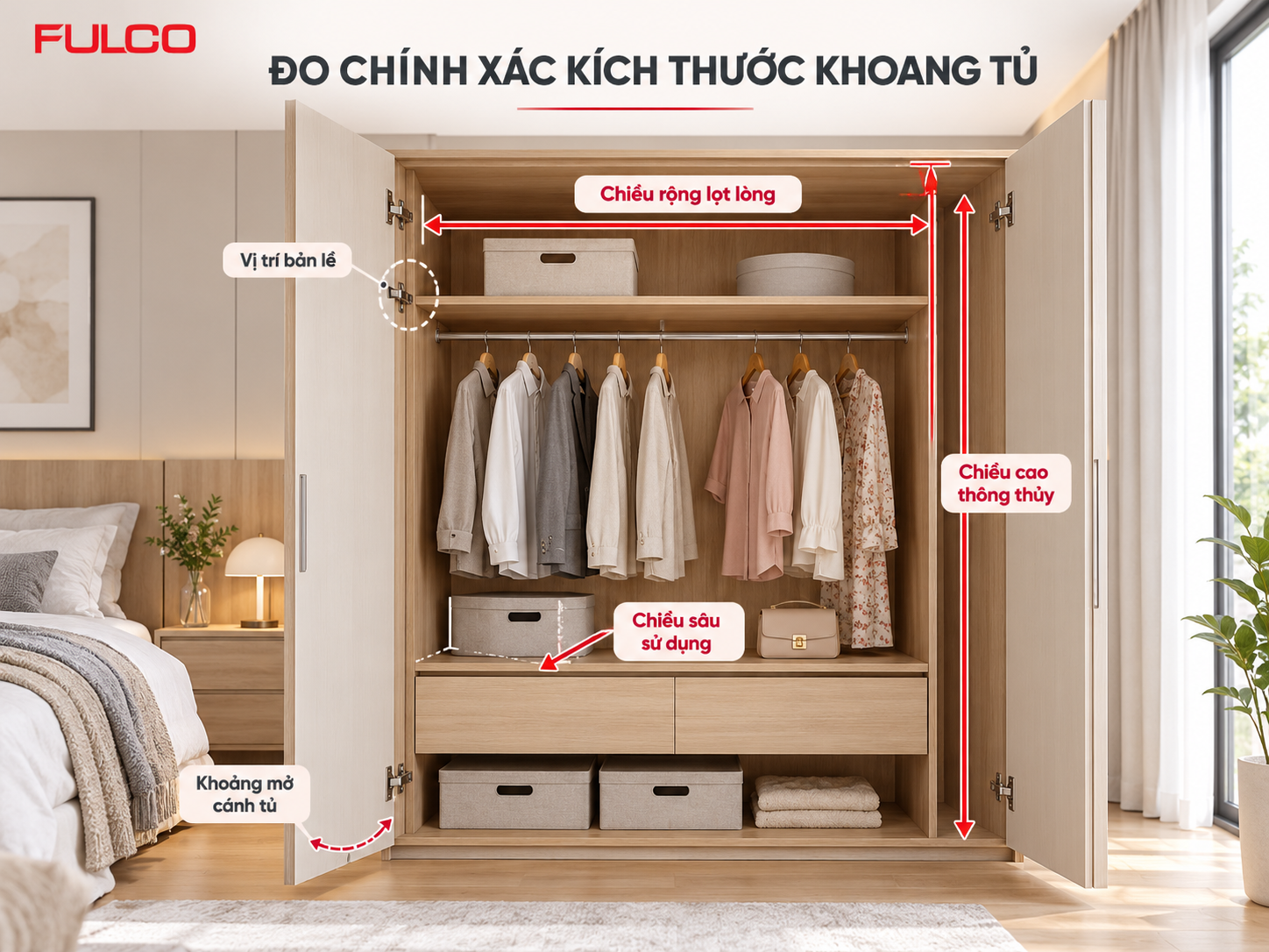 Hướng dẫn đo k&iacute;ch thước lắp phụ kiện tủ &aacute;o th&ocirc;ng minh