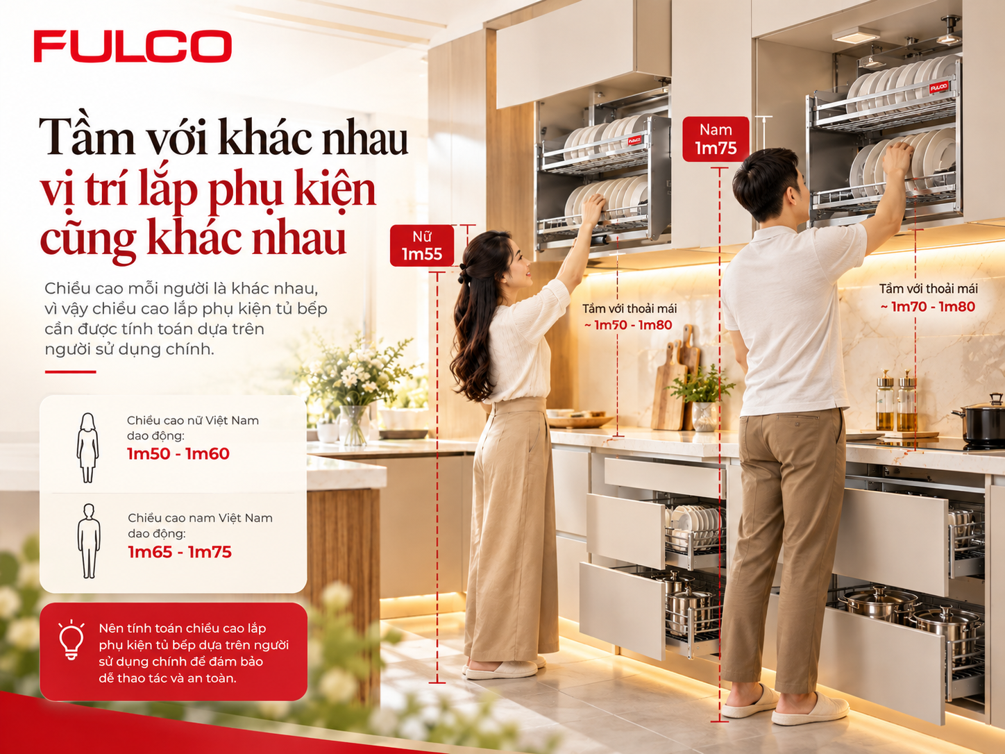 Chiều cao lắp phụ kiện tủ bếp theo chiều cao người sử dụng