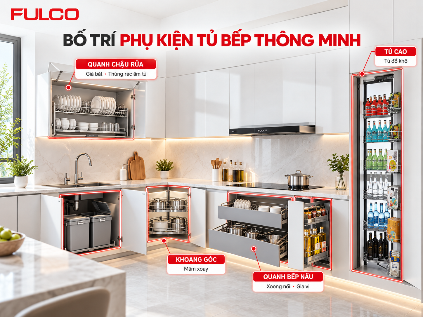  bố tr&iacute; phụ kiện tủ bếp th&ocirc;ng minh 