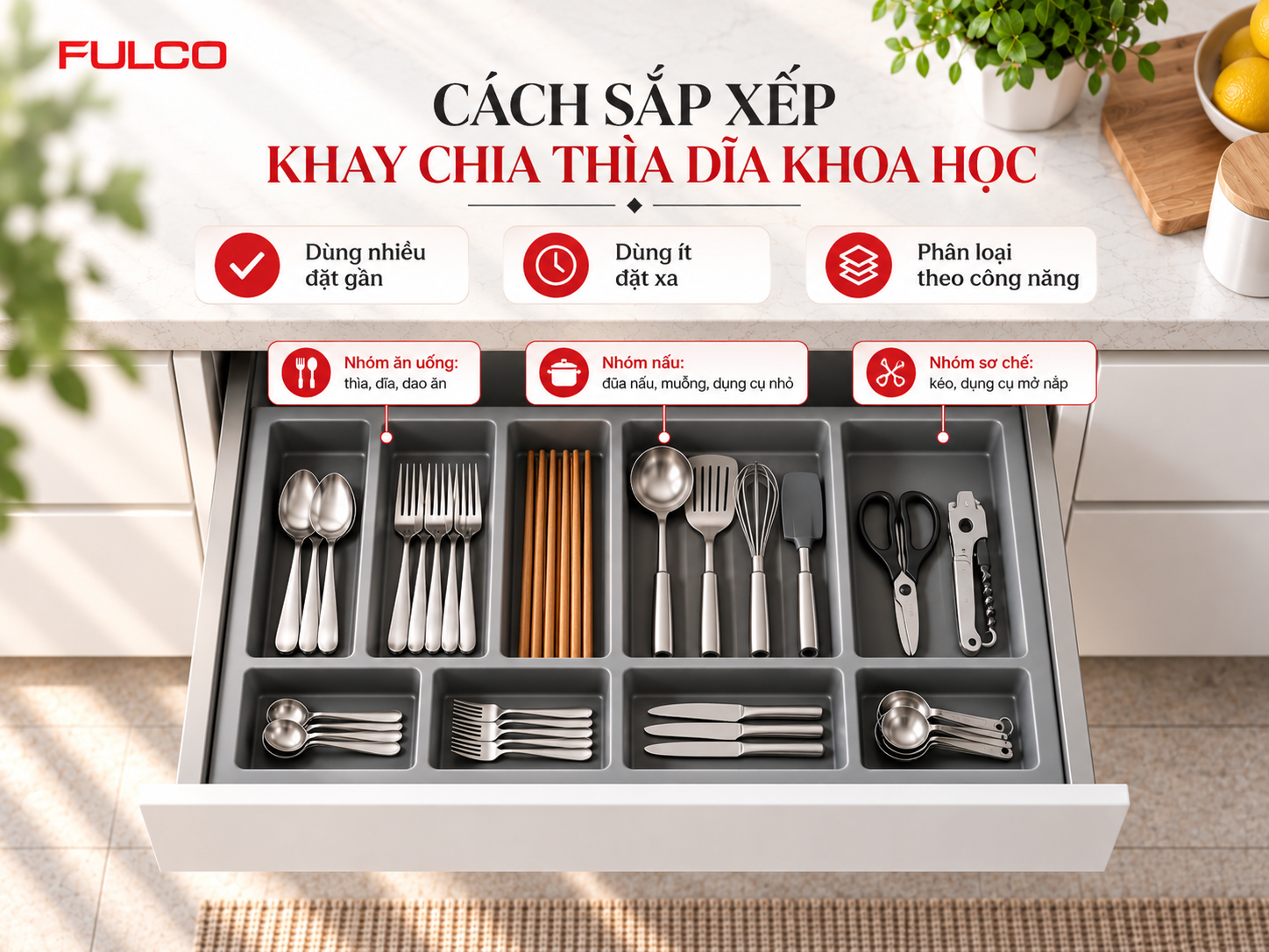 C&aacute;ch sắp xếp khay chia th&igrave;a dĩa khoa học