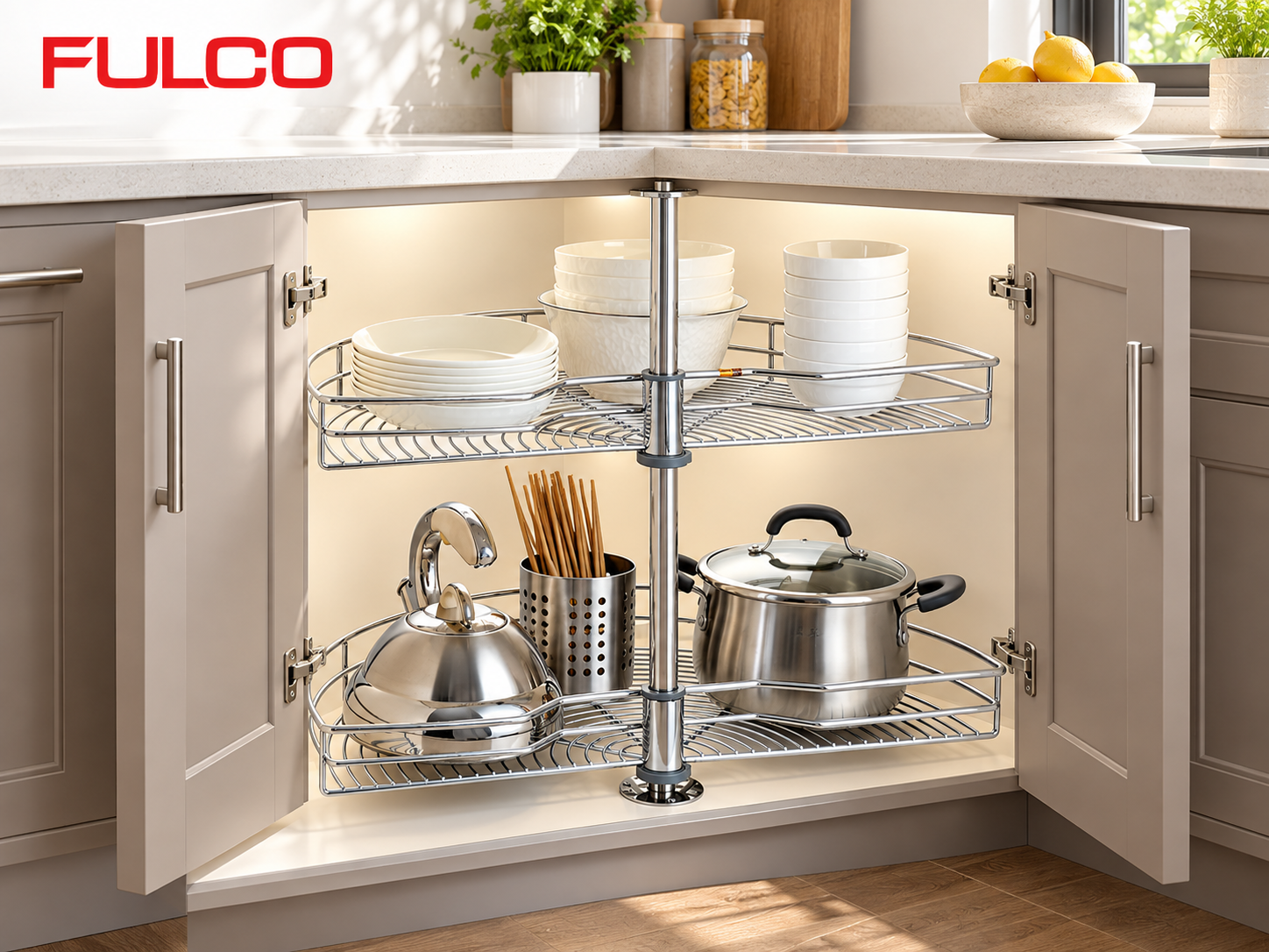 Phụ kiện nội thất FULCO &ndash; M&acirc;m xoay g&oacute;c tủ bếp 2 tầng tối ưu kh&ocirc;ng gian lưu trữ