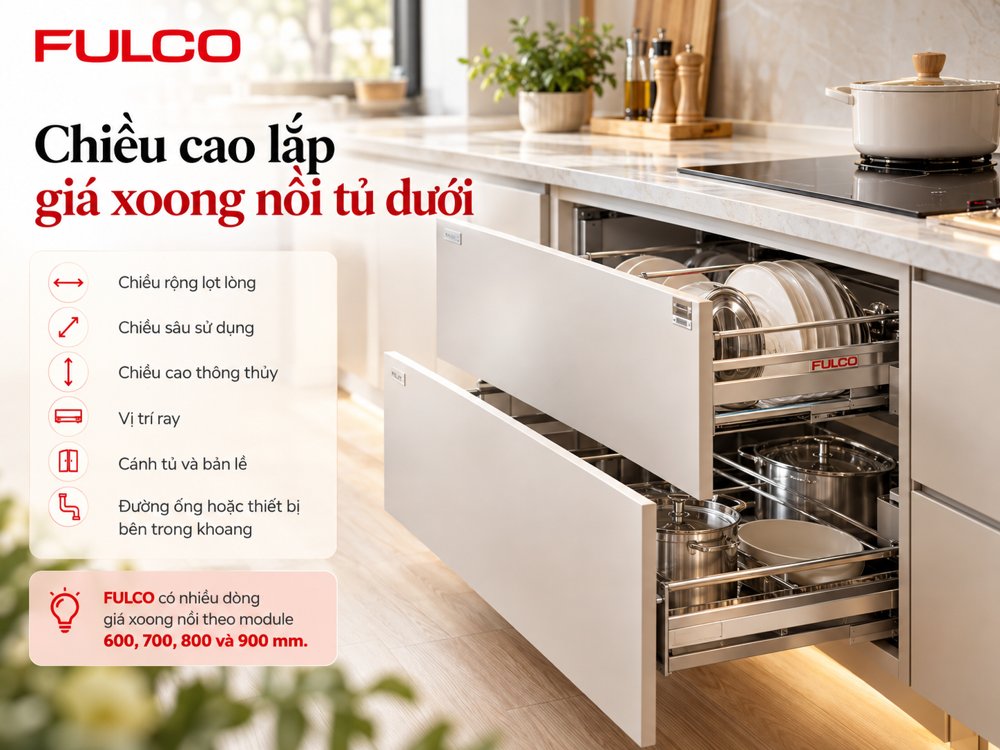 Chiều cao lắp phụ kiện tủ bếp - gi&aacute; b&aacute;t đĩa xoong nồi tủ dưới