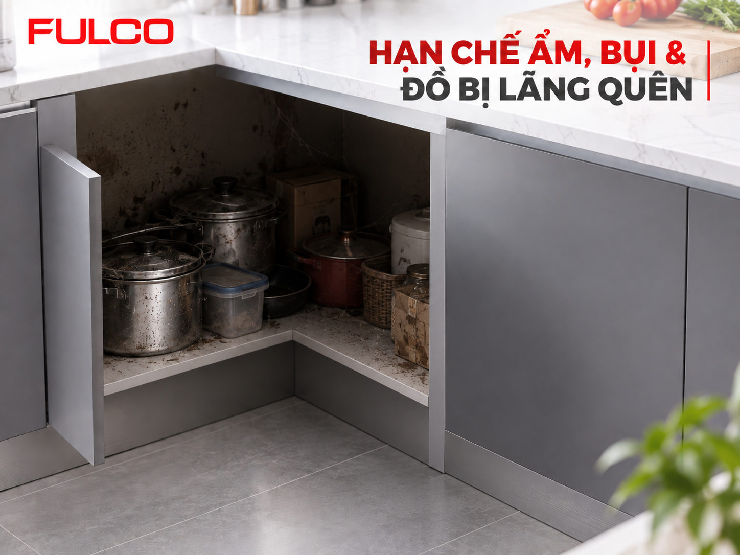 phụ kiện g&oacute;c tủ bếp hạn chế &acirc;m bụi v&agrave; đồ bị l&atilde;ng qu&ecirc;n