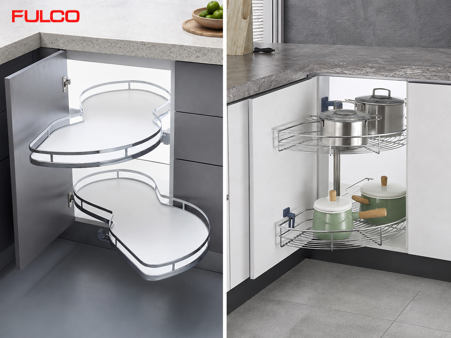 Phụ kiện tủ bếp th&ocirc;ng minh Fulco - kệ g&oacute;c l&aacute; li&ecirc;n ho&agrave;n v&agrave; m&acirc;m xoay tủ bếp 