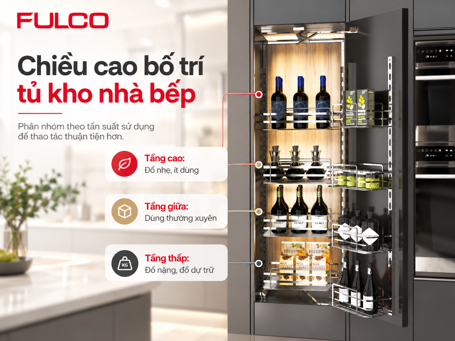 Chiều cao lắp phụ kiện tủ bếp - tủ kho nh&agrave; bếp