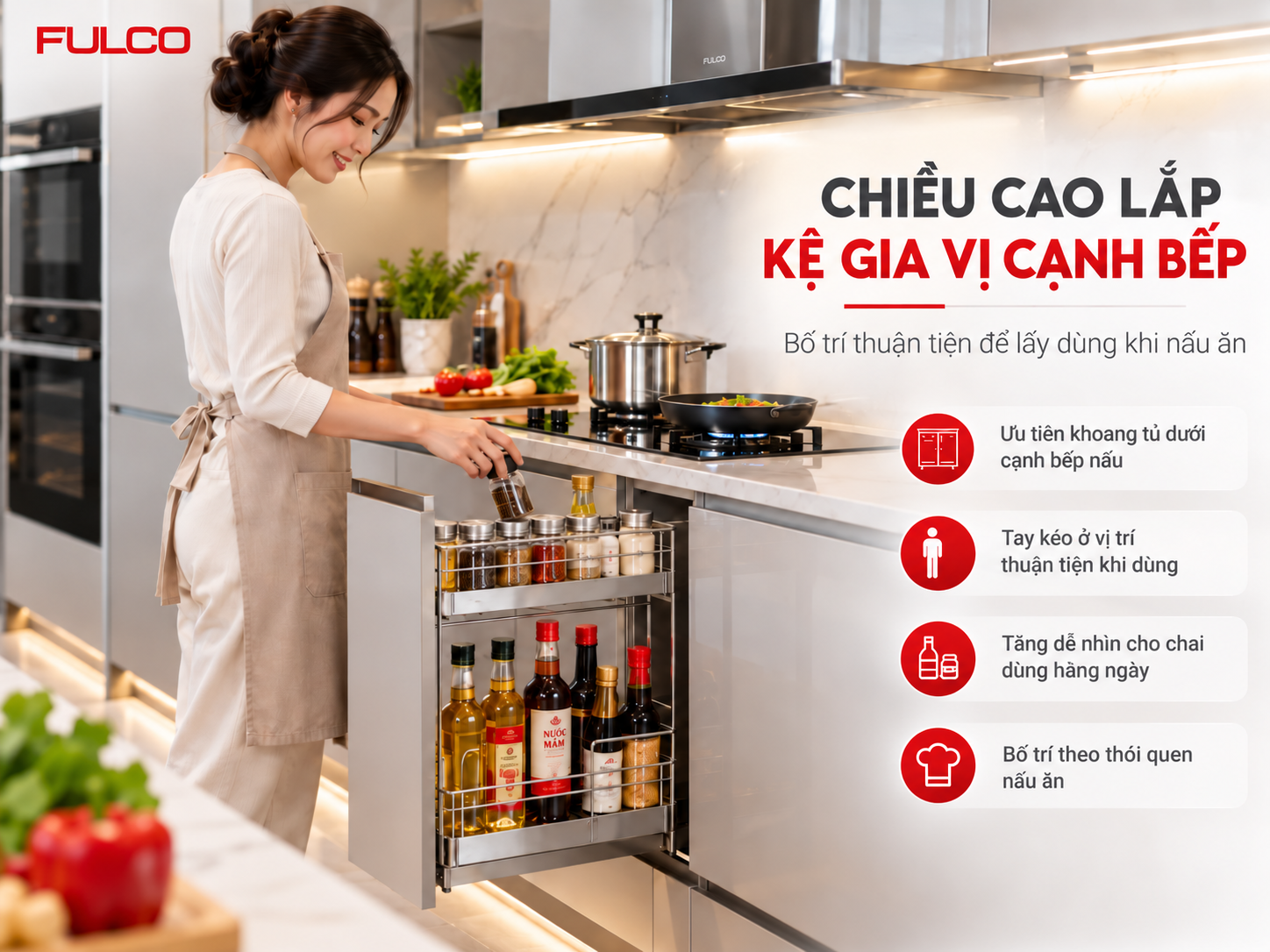 Chiều cao lắp phụ kiện tủ bếp - kệ gia vị cạnh bếp