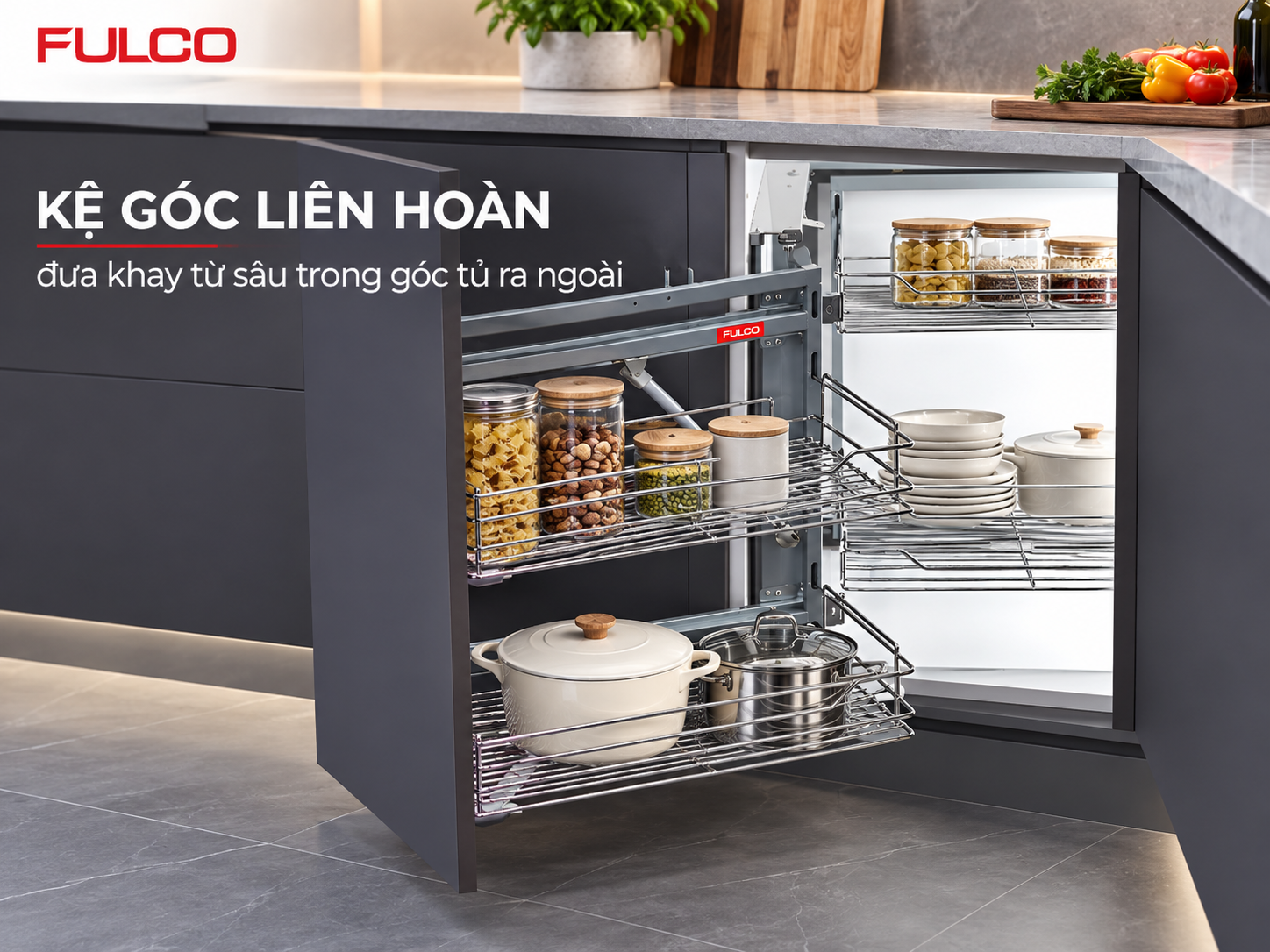 kệ g&oacute;c li&ecirc;n ho&agrave;n phụ kiện tủ bếp th&ocirc;ng minh