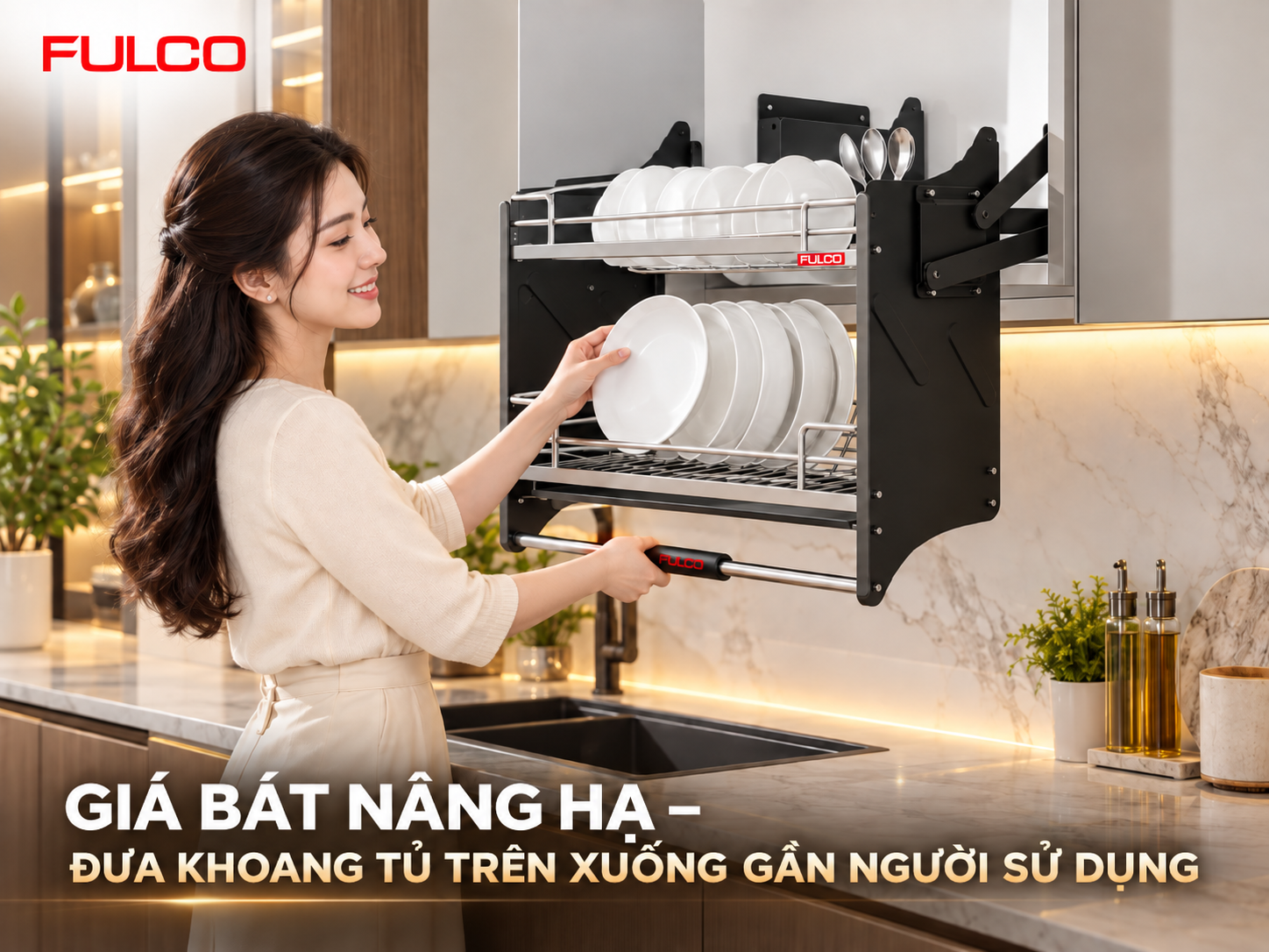 gi&aacute; b&aacute;t n&acirc;ng hạ phụ kiện tủ bếp th&ocirc;ng minh 