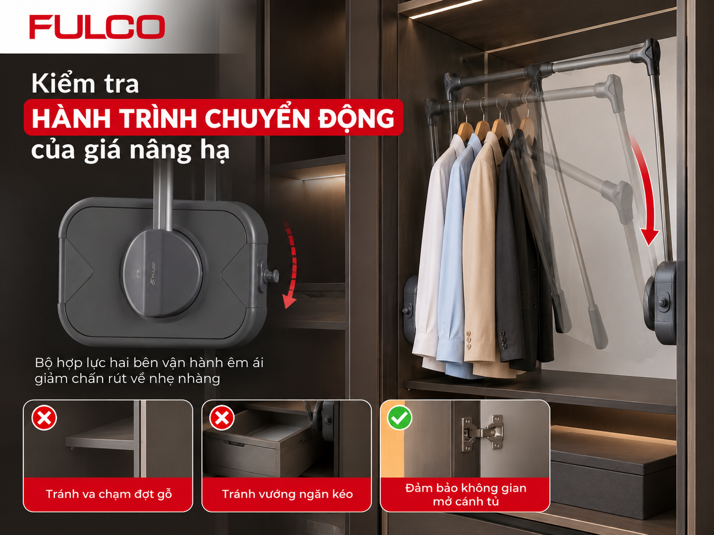 Kiểm tra h&agrave;nh tr&igrave;nh chuyển động của gi&aacute; treo quần &aacute;o n&acirc;ng hạ FULCO