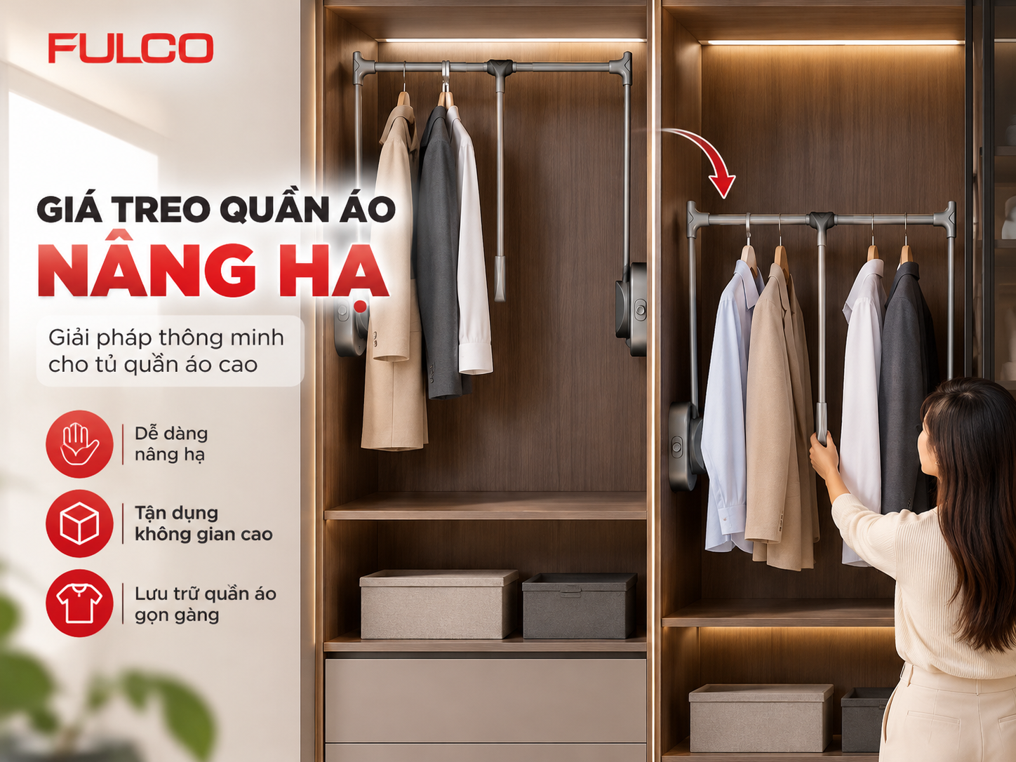 Gi&aacute; treo quần &aacute;o n&acirc;ng hạ FULCO tối ưu kh&ocirc;ng gian tủ &aacute;o