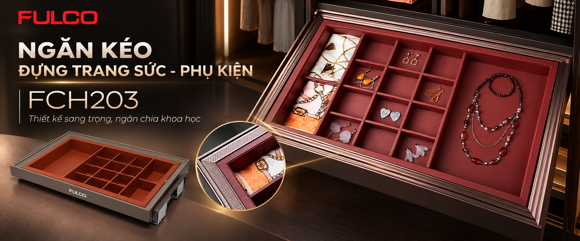 Ngăn k&eacute;o trang sức phụ kiện tủ &aacute;o th&ocirc;ng minh FULCO