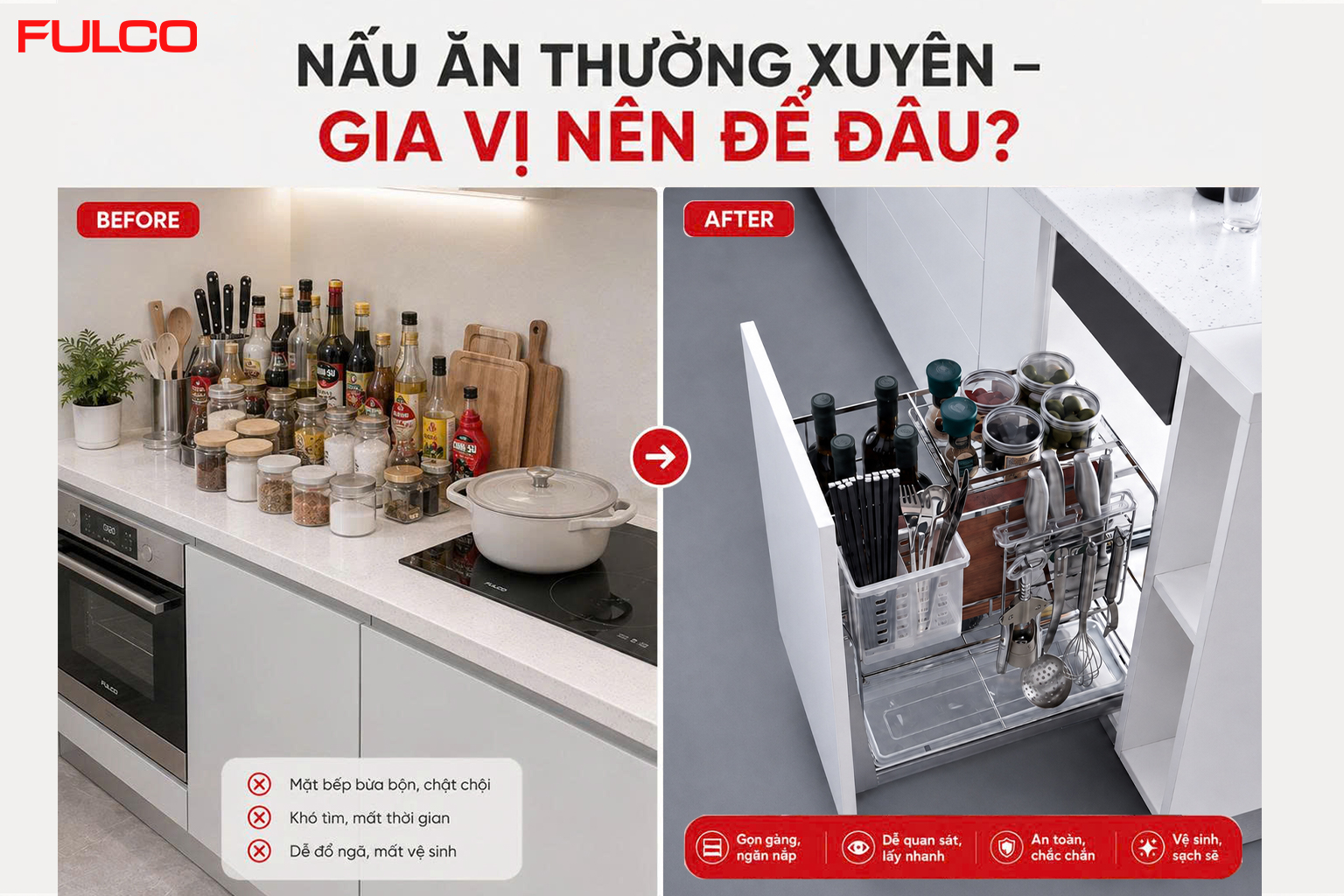 Phụ kiện tủ bếp Fulco gi&aacute; gia vị chai lọ &acirc;m tủ gi&uacute;p tối ưu kh&ocirc;ng gian lưu trữ trong bếp.