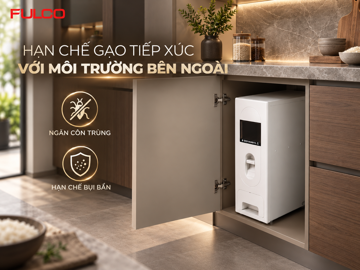 Th&ugrave;ng gạo &acirc;m tủ hạn chế gạo tiếp x&uacute;c với m&ocirc;i trường b&ecirc;n ngo&agrave;i