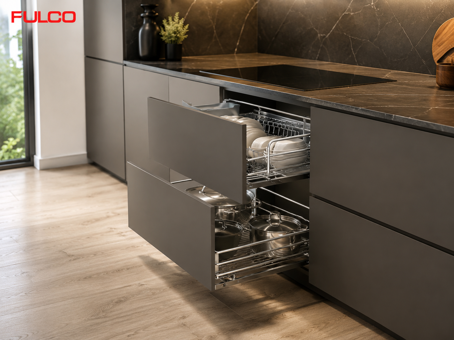 Phụ kiện tủ bếp th&ocirc;ng minh Fulco - gi&aacute; b&aacute;t đĩa xoong nồi 