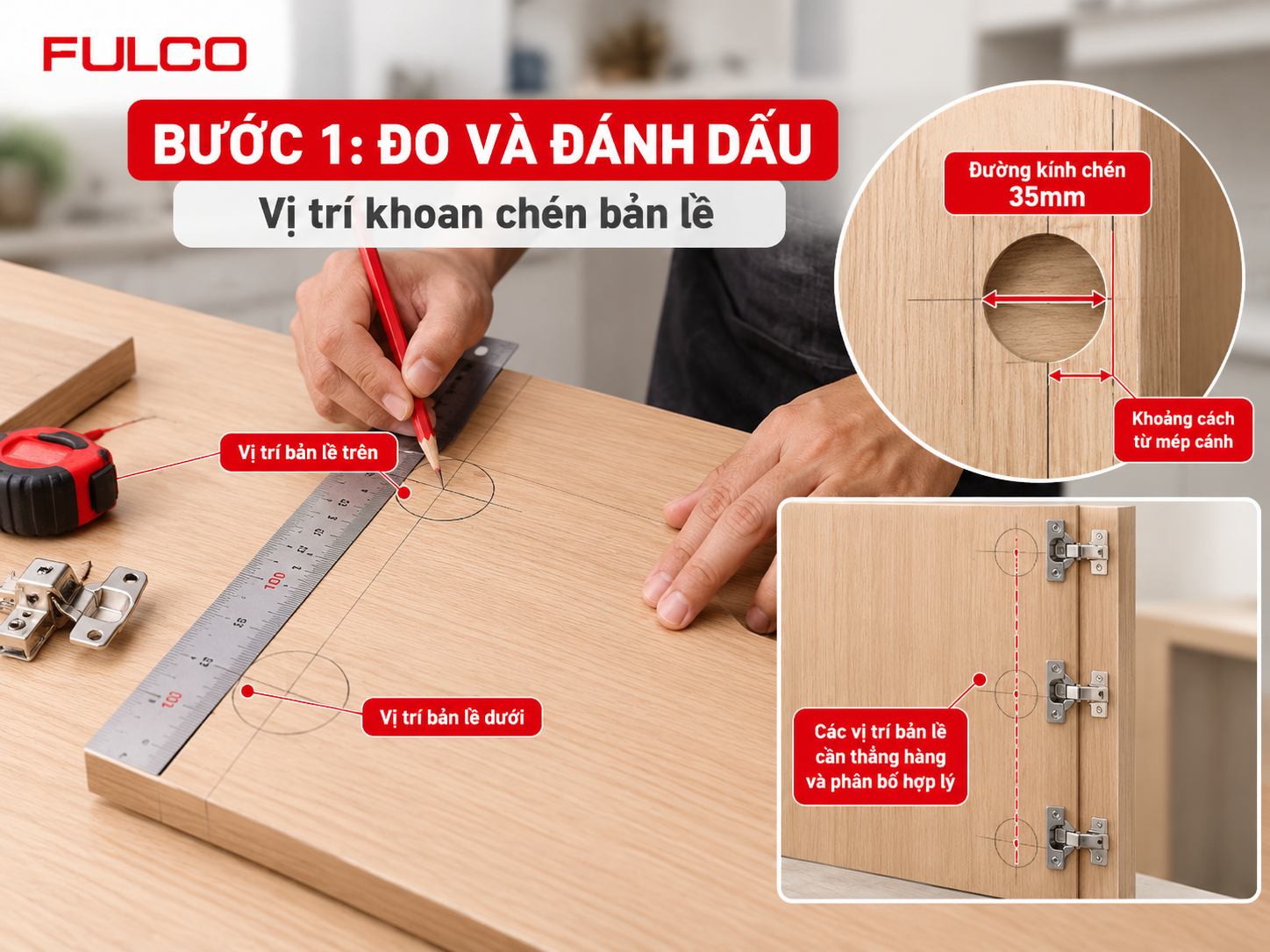 C&aacute;ch lắp bản lề giảm chấn bằng mũi khoan ch&eacute;n 35mm