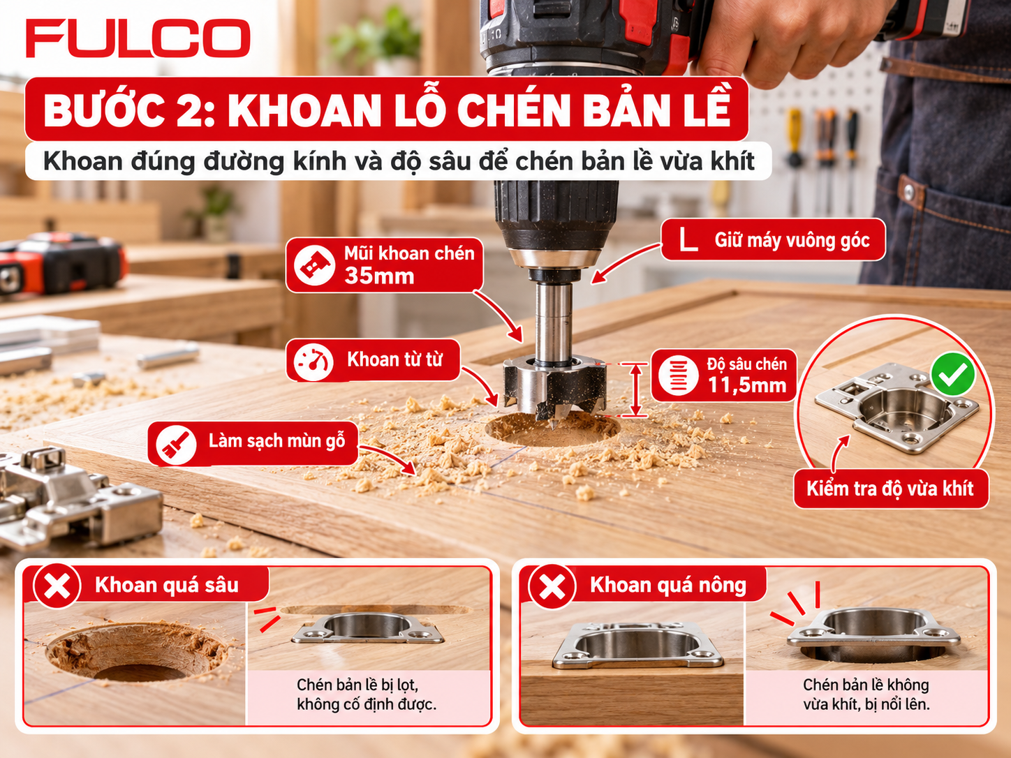 C&aacute;ch lắp bản lề giảm chấn FULCO &ndash; Hướng dẫn khoan lỗ ch&eacute;n 35mm đ&uacute;ng đường k&iacute;nh v&agrave; độ s&acirc;u 