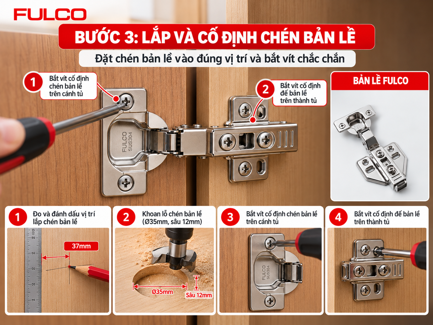 C&aacute;ch lắp bản lề giảm chấn FULCO &ndash; lắp v&agrave; cố định ch&eacute;n bản lề	