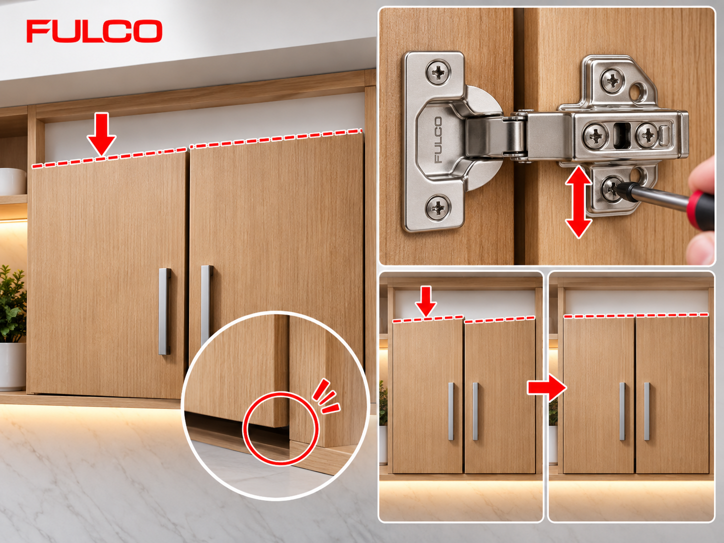 C&aacute;ch lắp bản lề giảm chấn FULCO v&agrave; căn chỉnh c&aacute;nh tủ bị xệ, lệch độ cao đ&uacute;ng kỹ thuật