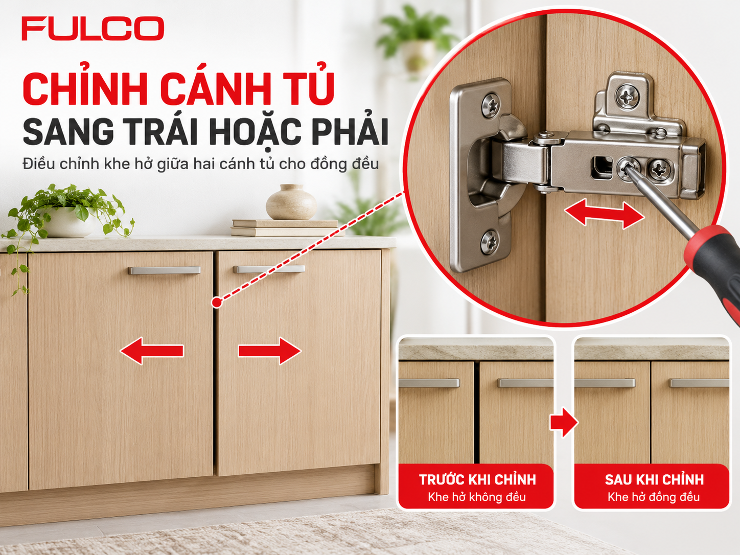 C&aacute;ch lắp bản lề giảm chấn FULCO v&agrave; chỉnh c&aacute;nh tủ sang tr&aacute;i hoặc sang phải khi khe hở kh&ocirc;ng đều