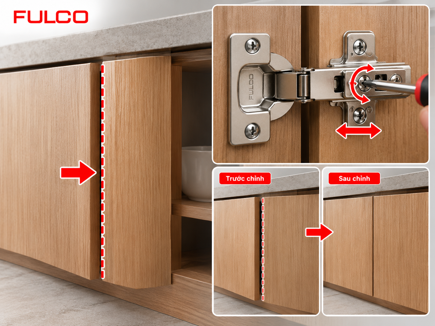 Hướng dẫn c&aacute;ch lắp bản lề giảm chấn, khoan lỗ, bắt v&iacute;t v&agrave; căn chỉnh c&aacute;nh tủ đ&uacute;ng kỹ thuật, gi&uacute;p đ&oacute;ng mở &ecirc;m &aacute;i, hạn chế xệ c&aacute;nh.