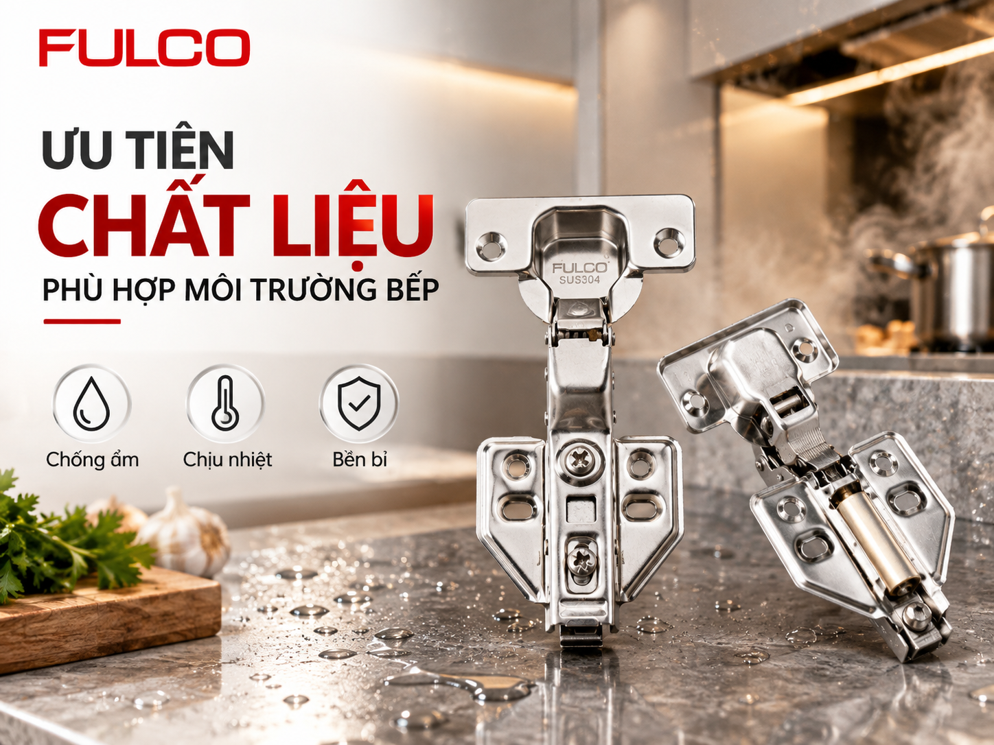 Bản lề giảm chấn inox 304 FULCO chống ăn m&ograve;n, ph&ugrave; hợp m&ocirc;i trường tủ bếp ẩm ướt