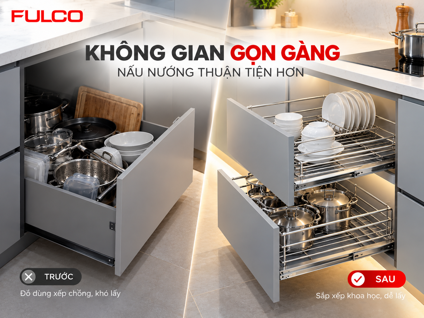 Phụ kiện nội thất FULCO gi&uacute;p tối ưu kh&ocirc;ng gian, sắp xếp đồ d&ugrave;ng gọn g&agrave;ng v&agrave; tiện lợi hơn