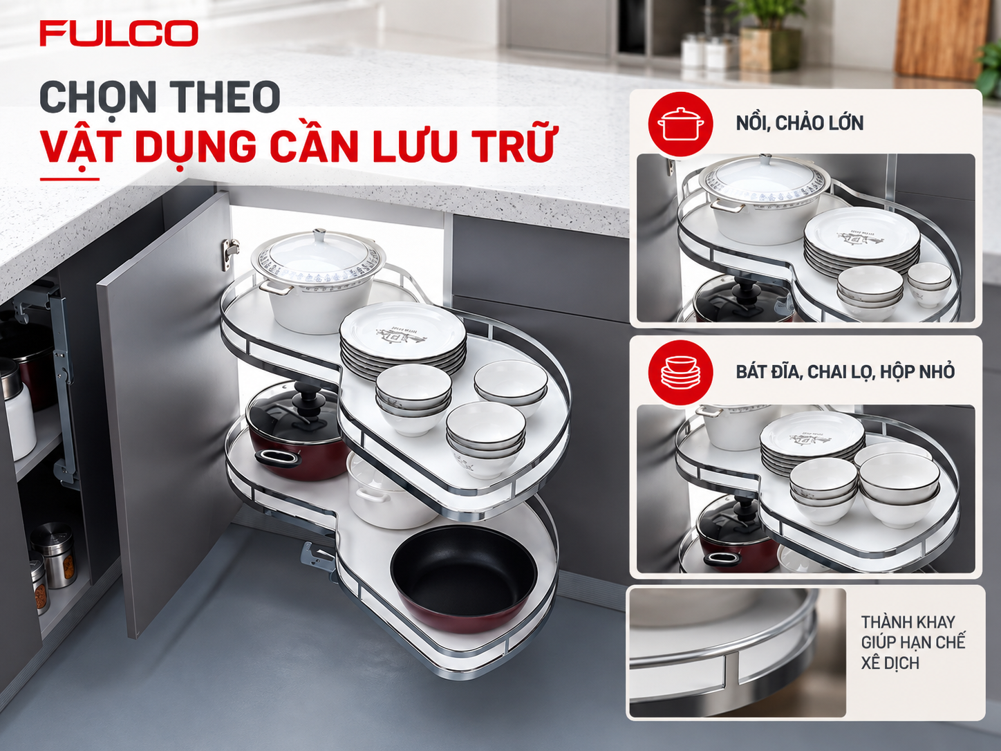 Chọn phụ kiện g&oacute;c tủ bếp theo vật dụng cần lưu trữ