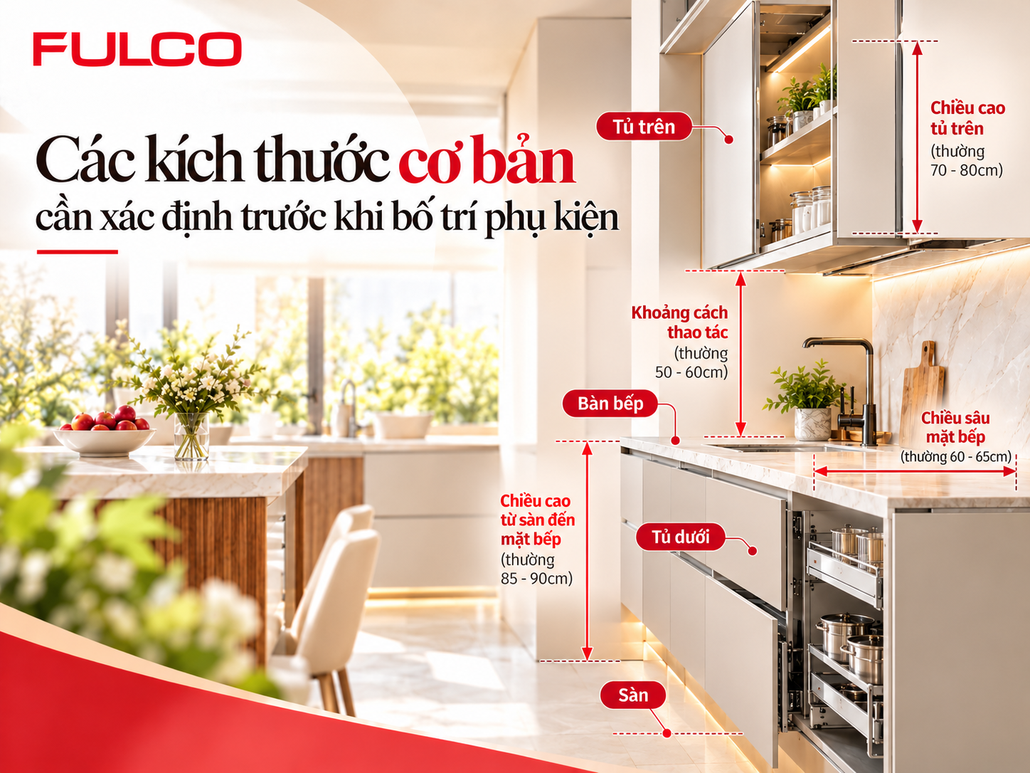 Chiều cao lắp phụ kiện tủ bếp cơ bản