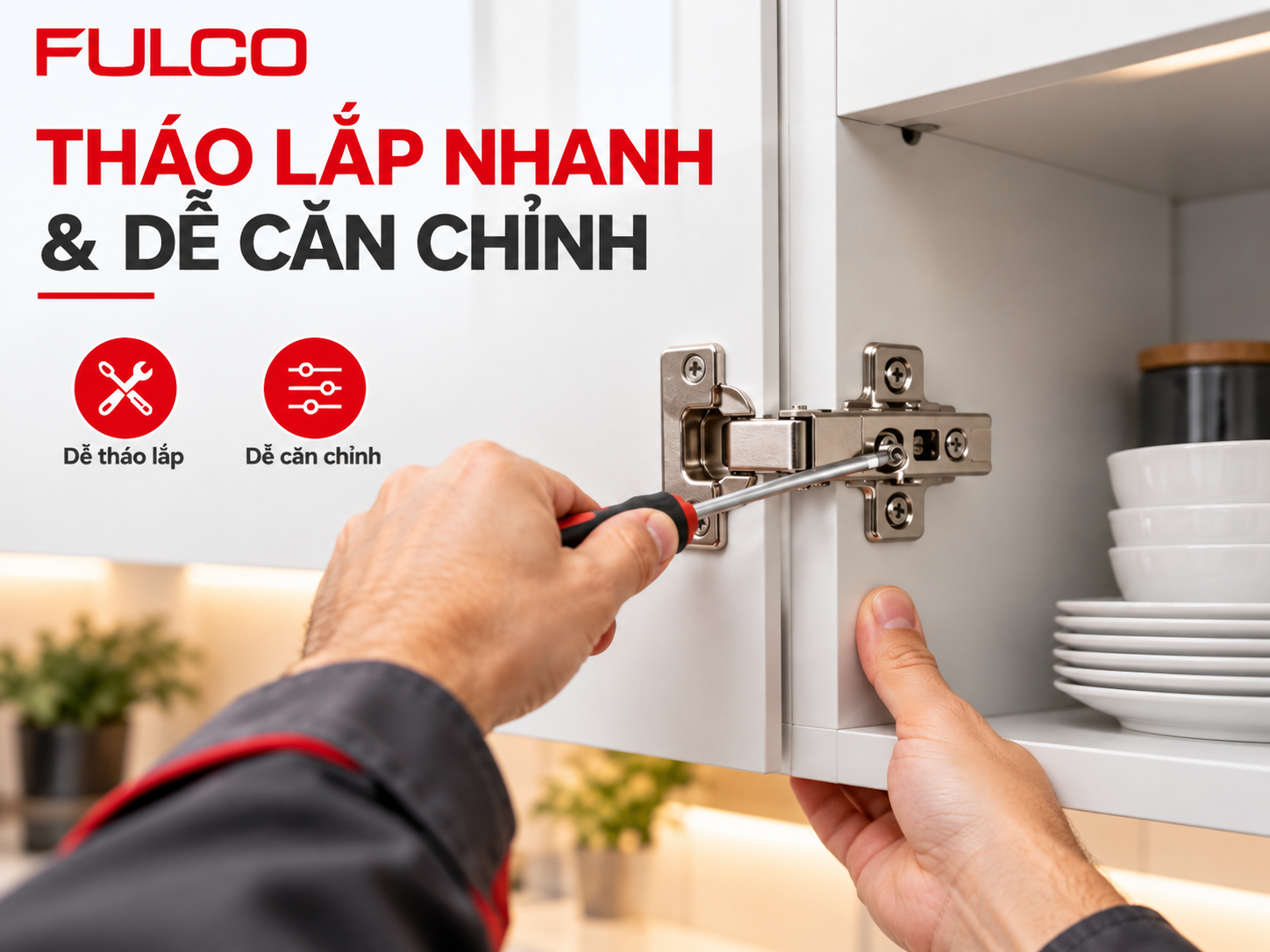 Bản lề giảm chấn FULCO th&aacute;o lắp nhanh, dễ căn chỉnh c&aacute;nh tủ bếp