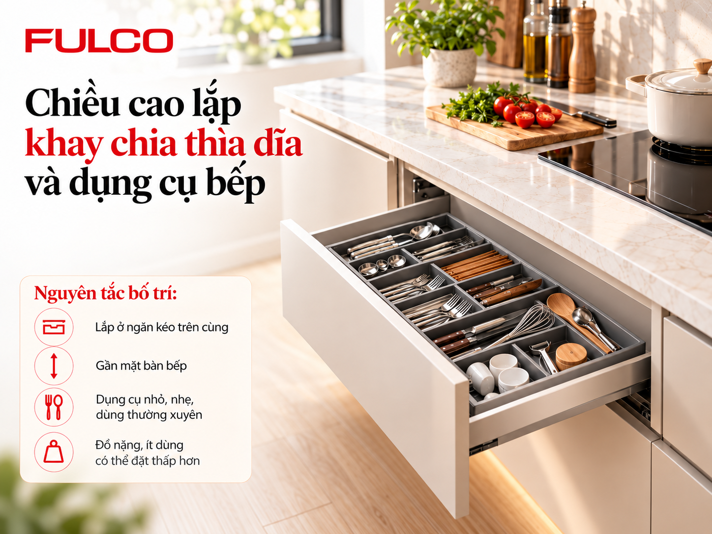 Chiều cao lắp phụ kiện tủ bếp - khay chia th&igrave;a dĩa