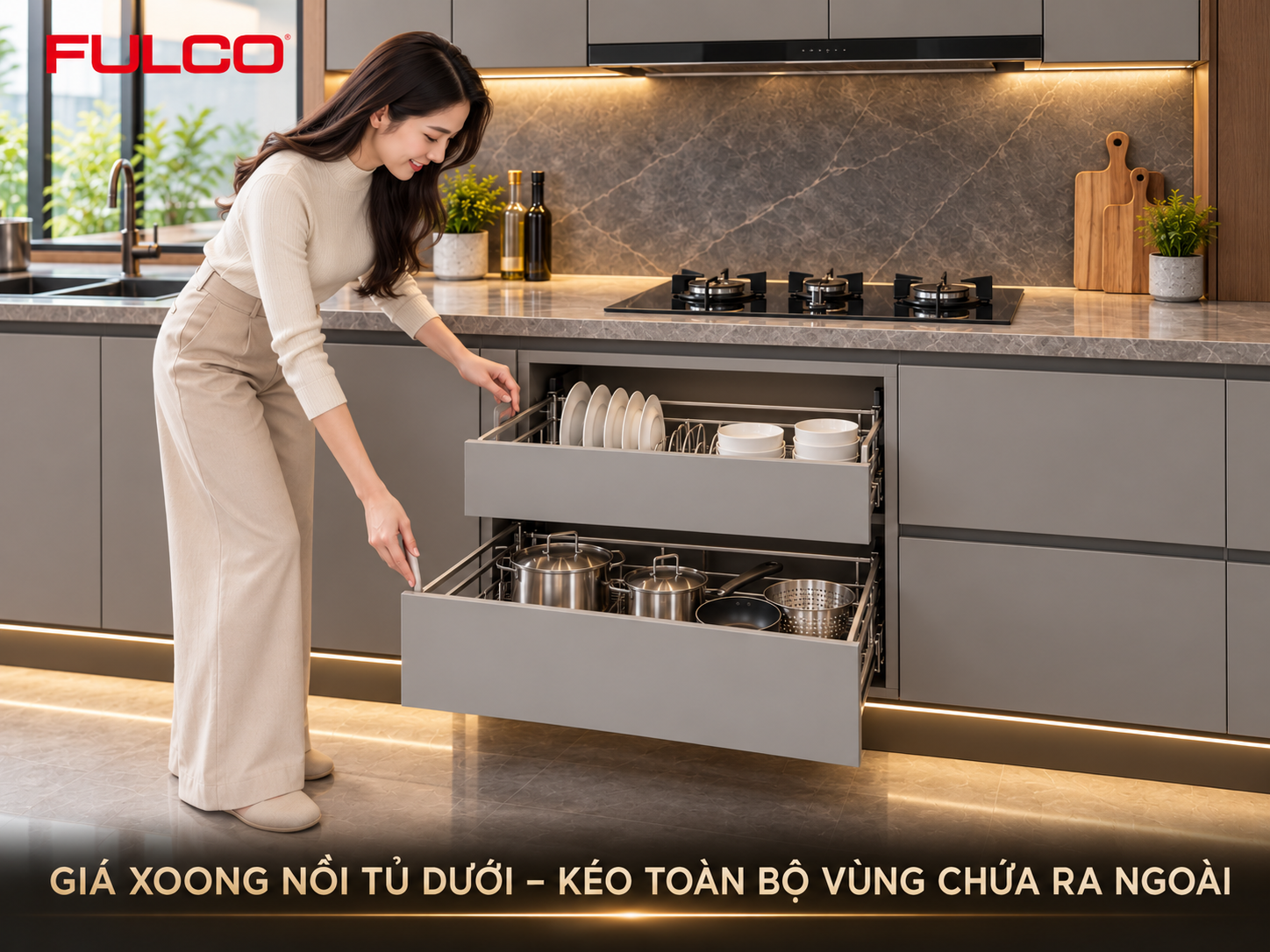 gi&aacute; b&aacute;t đĩa xoong nồi tủ dưới  phụ kiện tủ bếp th&ocirc;ng minh 