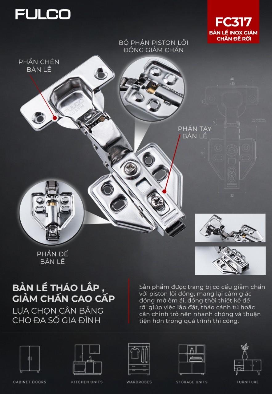 Bản lề giảm chấn FULCO FC317 với cơ cấu th&aacute;o lắp nhanh