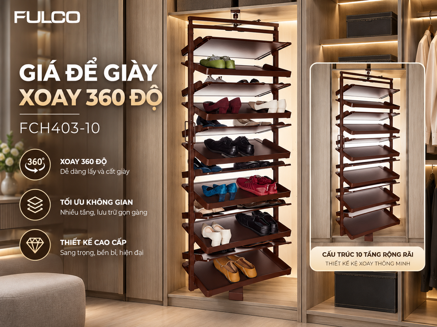 Gi&aacute; gi&agrave;y xoay 360 độ FCH403-10 phụ kiện tủ &aacute;o 