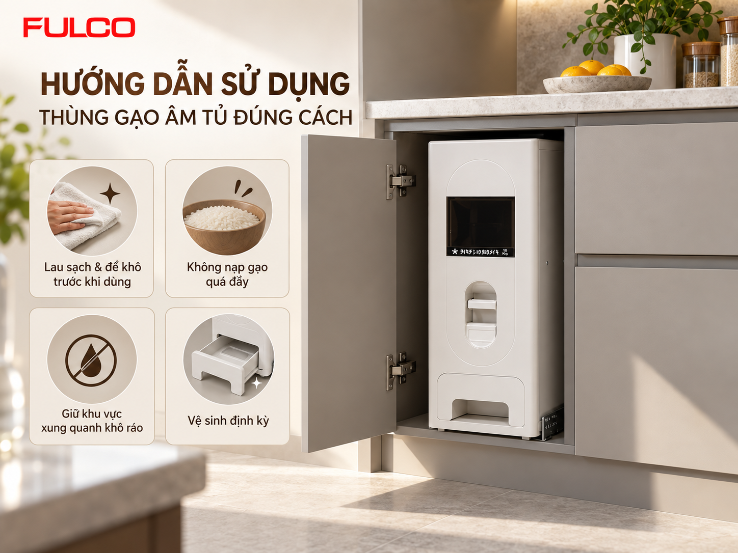 Hướng dẫn sử dụng th&ugrave;ng gạo &acirc;m tủ đ&uacute;ng c&aacute;ch