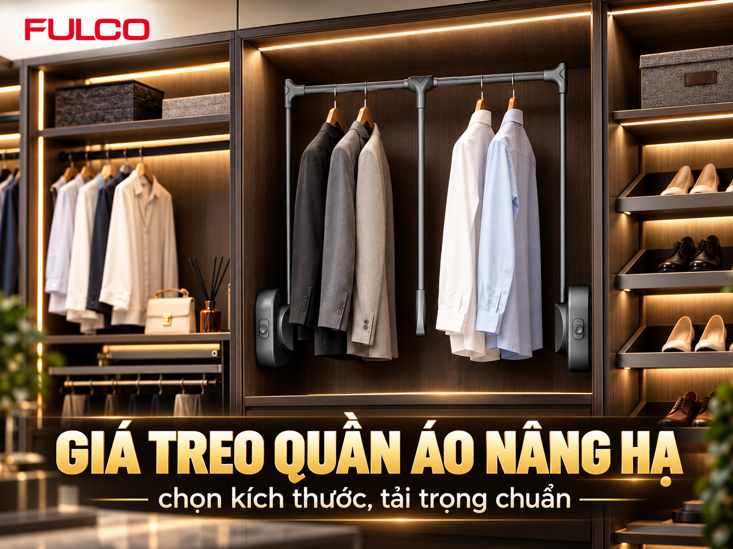 Giá treo quần áo nâng hạ FULCO NSH900A trong tủ áo thông minh