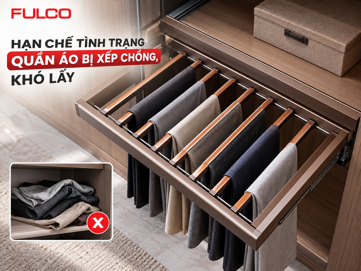 Phụ kiện tủ &aacute;o FULCO gi&uacute;p quần &aacute;o gọn g&agrave;ng, dễ lấy
