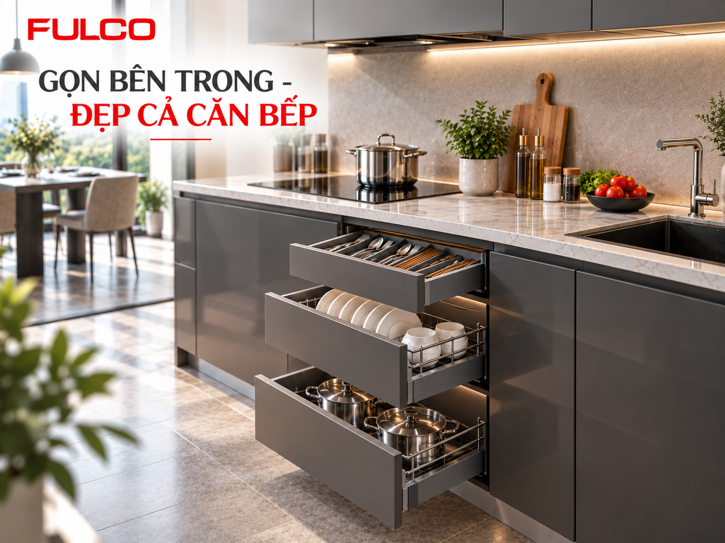 Khay chia th&igrave;a dĩa kết hợp với gi&aacute; b&aacute;t xoong nồi Fulco