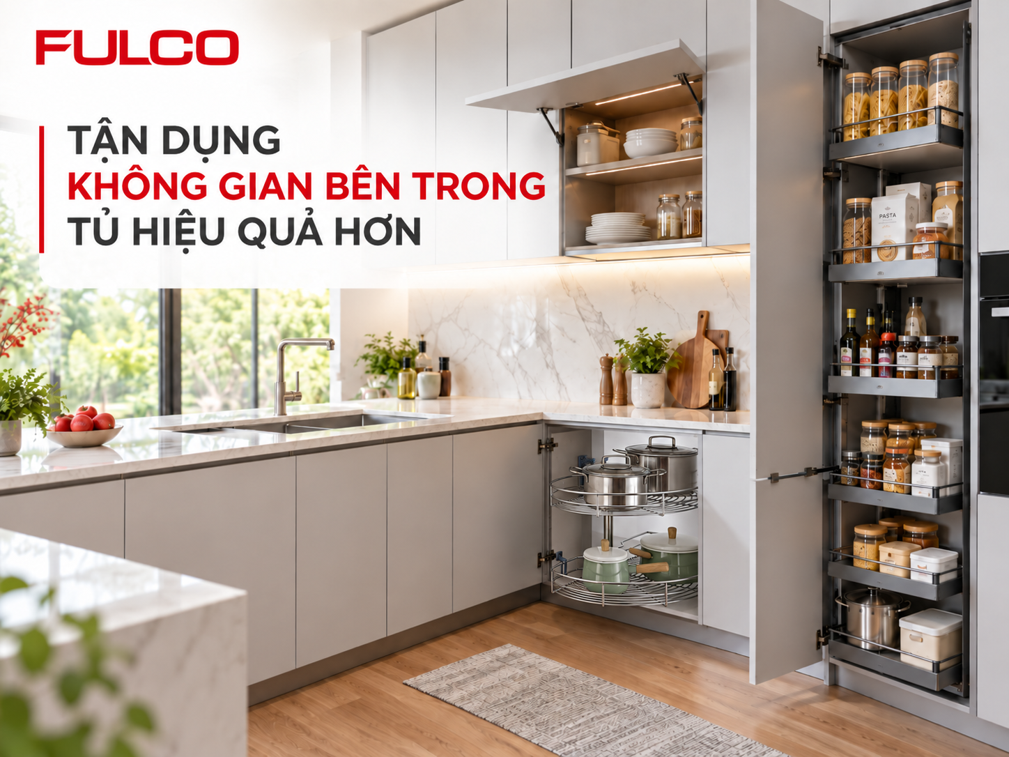 phụ kiện bếp th&ocirc;ng minh gi&uacute;p tận dụng kh&ocirc;ng gian b&ecirc;n trong tủ hiệu quả hơn