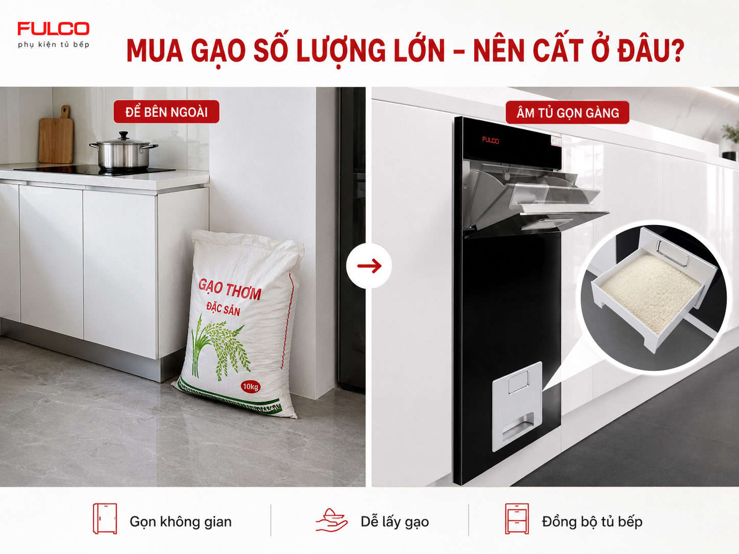Phụ kiện tủ bếp với th&ugrave;ng gạo mặt gương