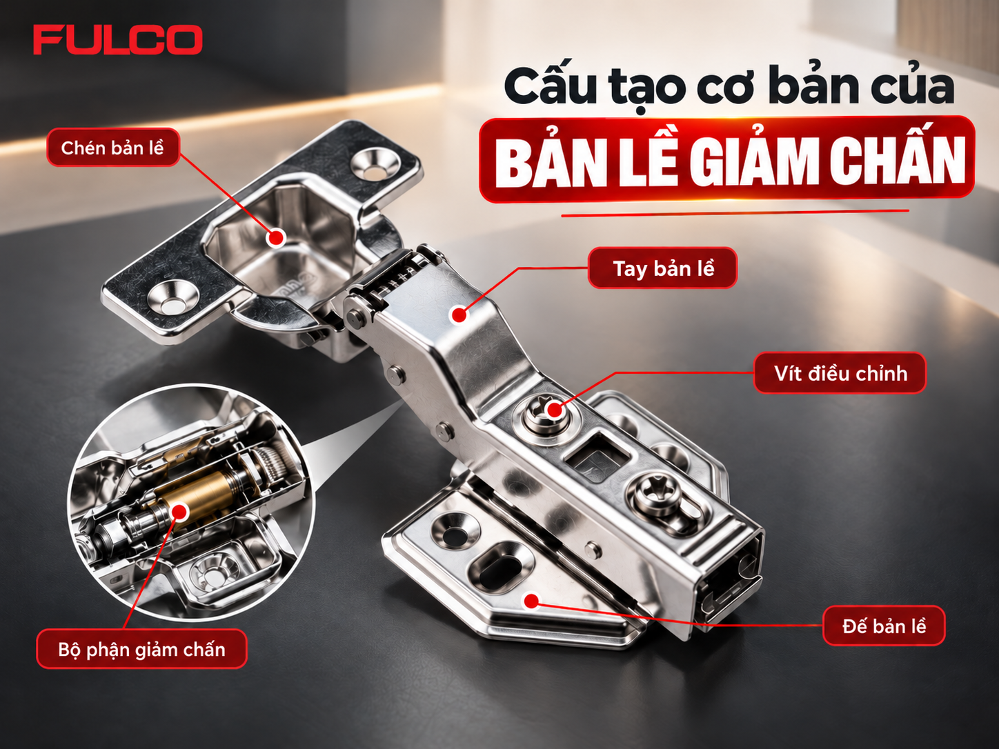 Cấu tạo bản lề giảm chấn FULCO v&agrave; c&aacute;c bộ phận cần biết trong c&aacute;ch lắp bản lề giảm chấn đ&uacute;ng kỹ thuật. 