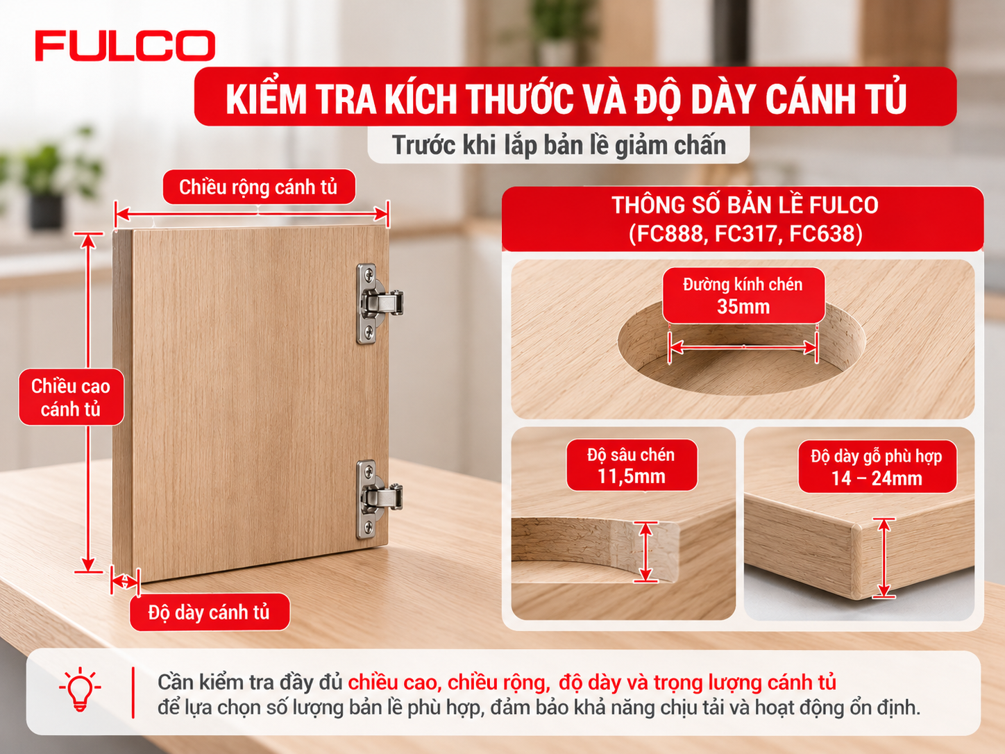 C&aacute;ch lắp bản lề giảm chấn FULCO &ndash; Kiểm tra k&iacute;ch thước, độ d&agrave;y c&aacute;nh tủ v&agrave; th&ocirc;ng số khoan ch&eacute;n 