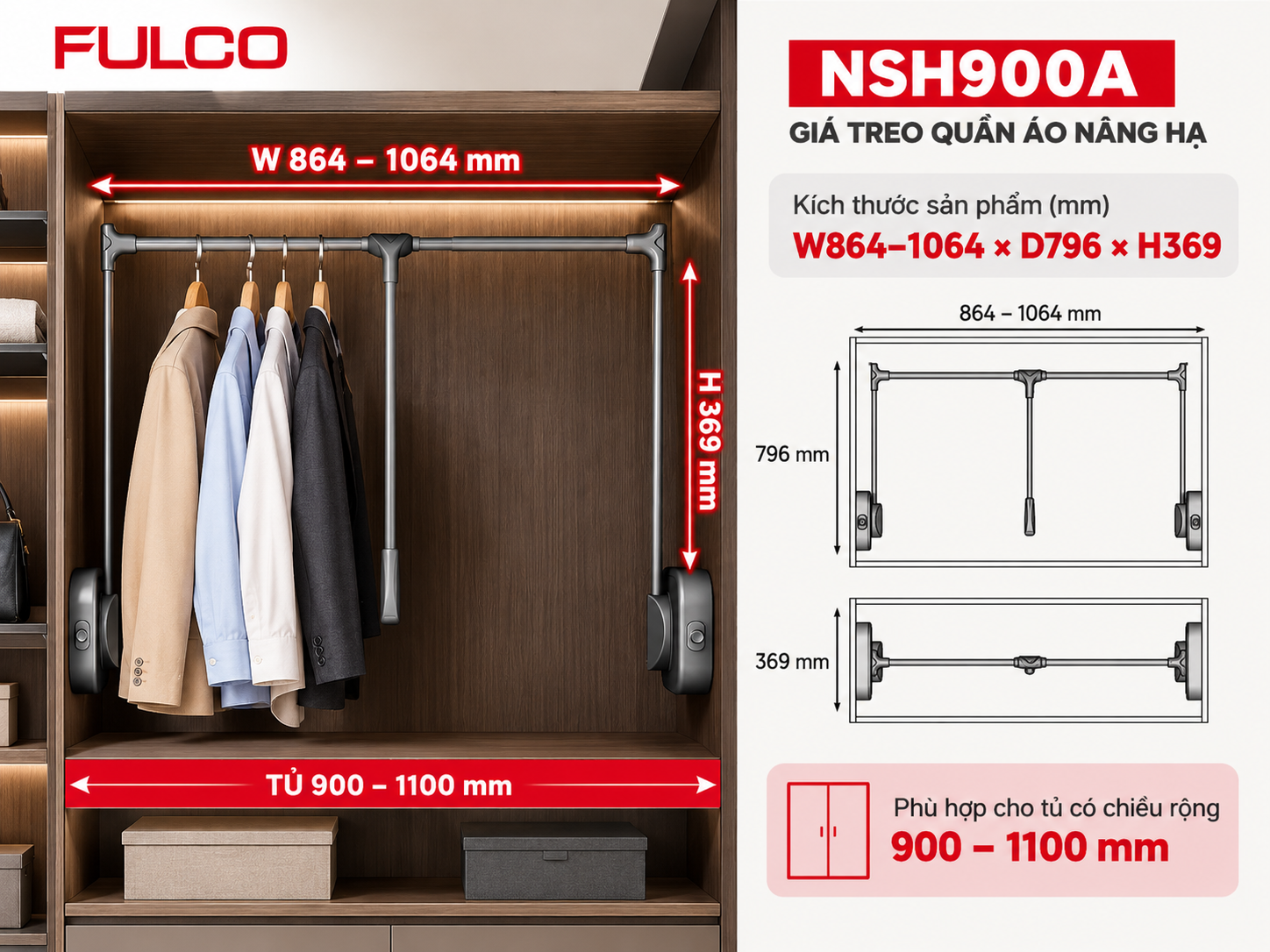 K&iacute;ch thước gi&aacute; treo quần &aacute;o n&acirc;ng hạ FULCO NSH900A